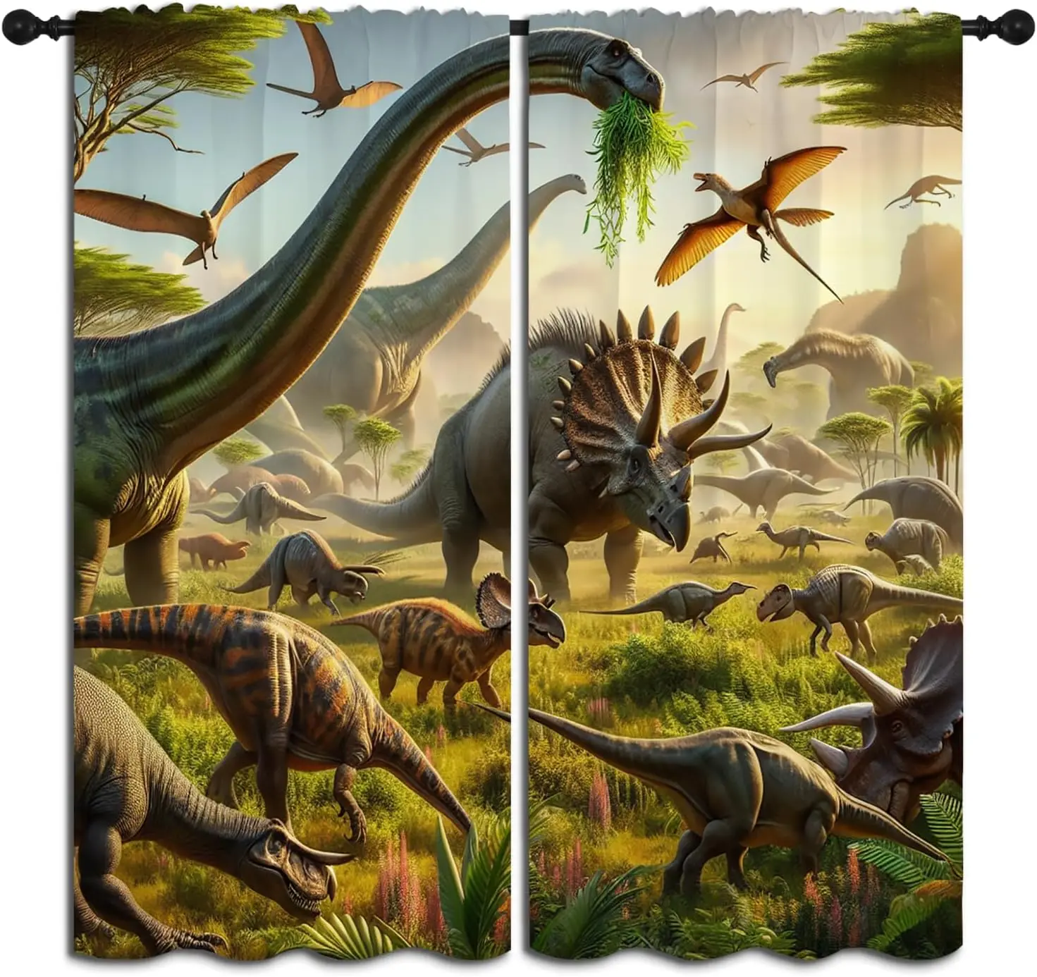 3D Dinosaur Boy Girls Blackout Curtains,Jurassic Primeval Wildlife Animal Dino Group 2 Panel Rod Pocket Thermal Insulated Drapes