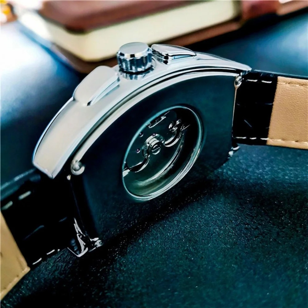 Barrel-Shaped Light Luxury Mechanical Men's Watch, Fully Automatic Winding with Skeleton Flywheel Design, Business Waterproof Luminous Watch, Moon Phase Function Leather Strap Wristwatch, Vintage High-End Men's Watch, Popular Gift for Husband