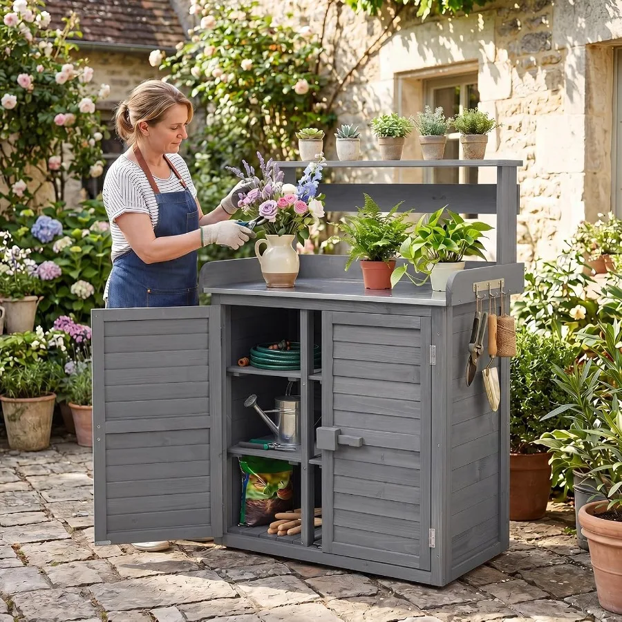 Garden Potting Bench Table with Stainless Steel Tabletop