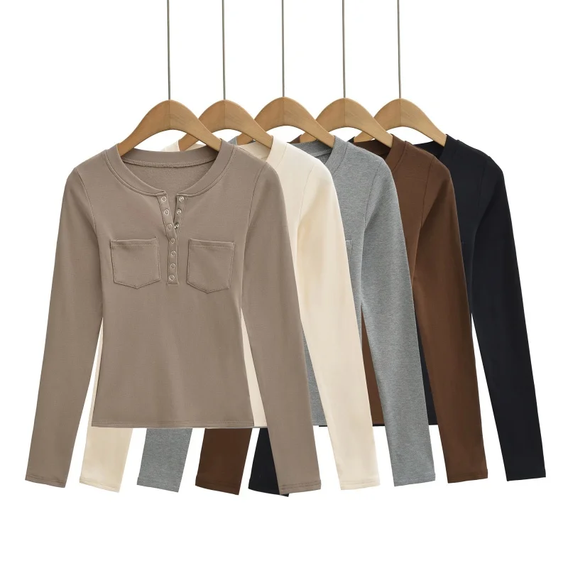 

Slim Fit Long Sve T-irt Henry Collar Double ket Elastic Basic Sle Women's Faion Simple Design Top