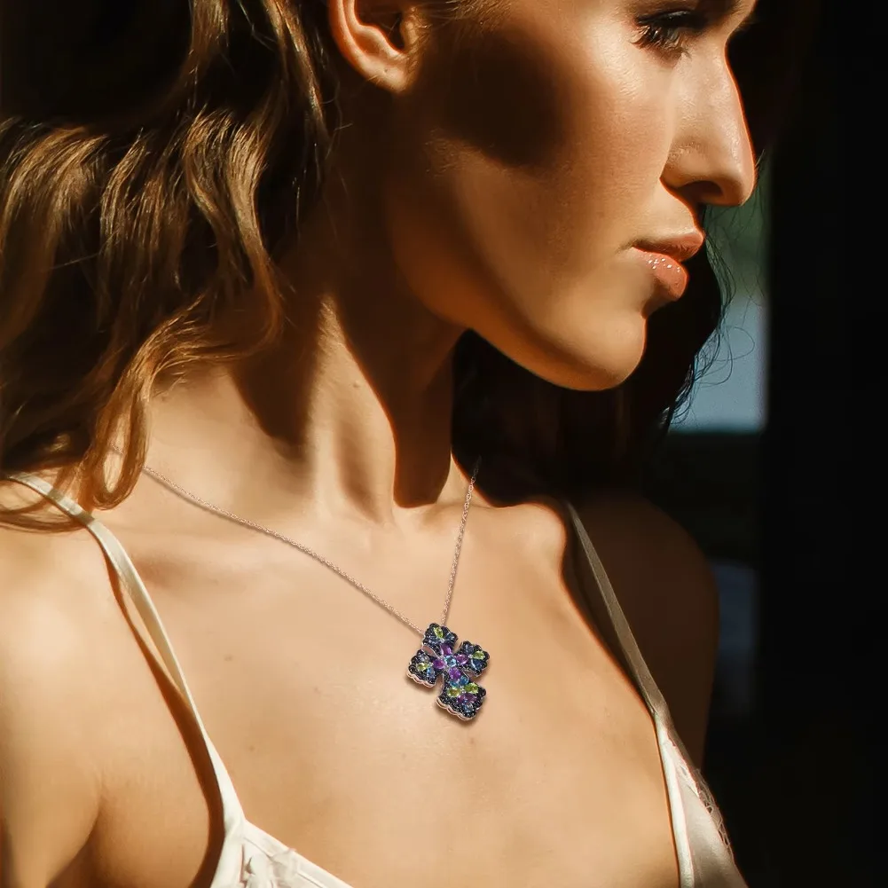 GZ ZONGFA 100% 925 Sterling Silver Cross Pendant Necklace For Women Natural Peridot Amethyst Colorful Gems Trendy Fine Jewelry