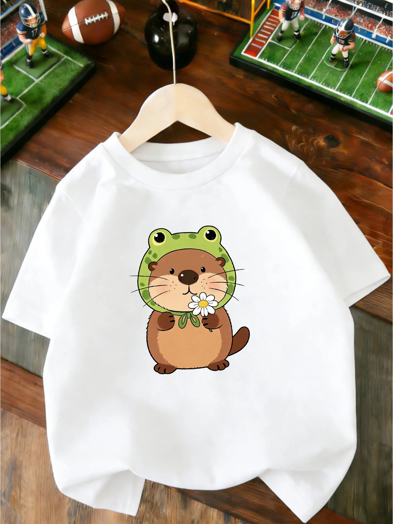 Cute Cartoon Otter With Frog Hat Holding Daisy Flower Lovely Animal Graphic Print T Boys Girls Kids Short Sleeve Daily Tees