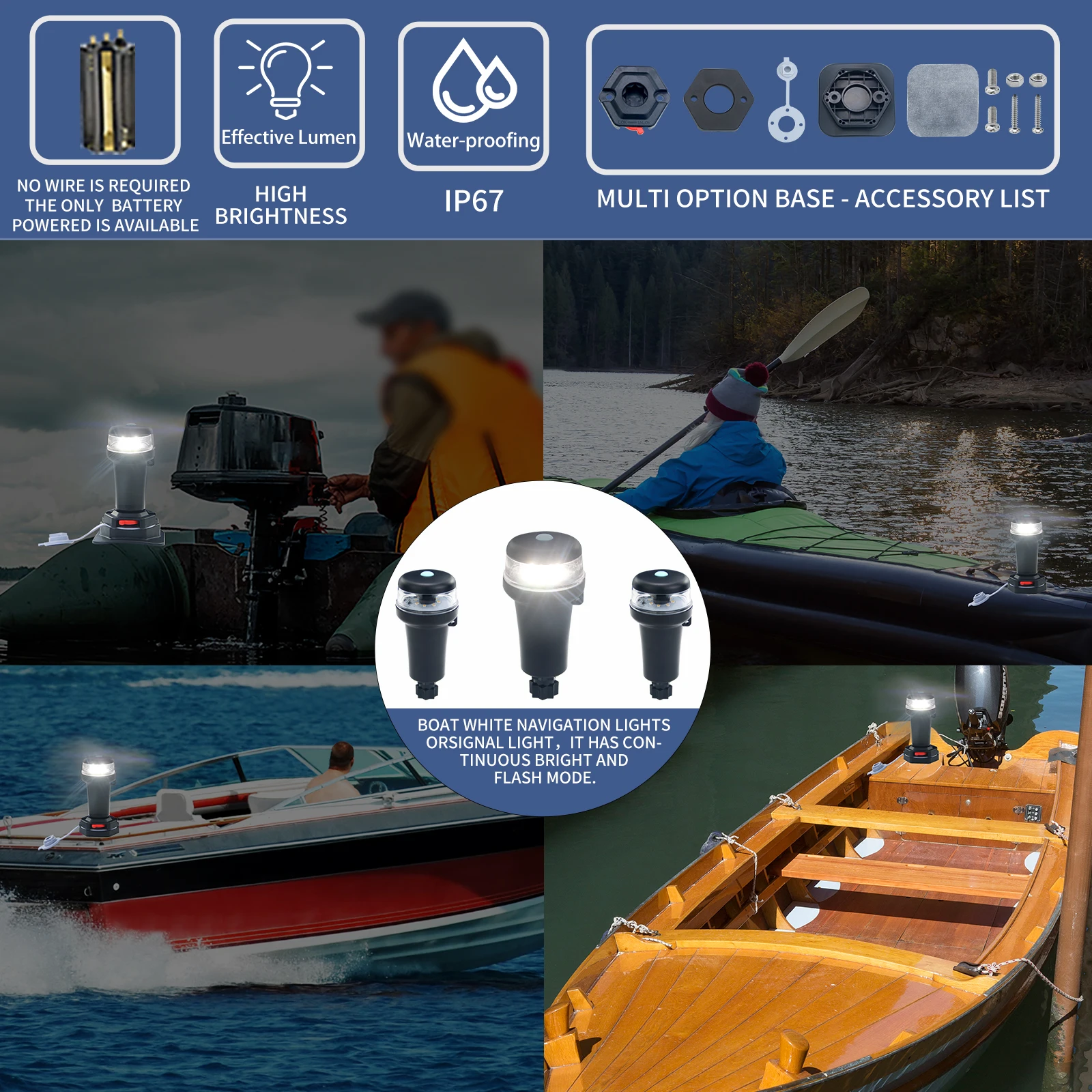 Kajak-Navigationslichter, tragbar, 3AA-Batterie, Rundum-weiße LED-Schlauchboot, Oberflächenmontage, selbstklebende Basis + feste Basis