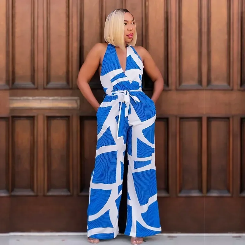 

GUWU Beach Holiday Printed V-neck Halter Wide Leg Loose Long Women Jumpsuit Sashes Backless Street One Piece Romper