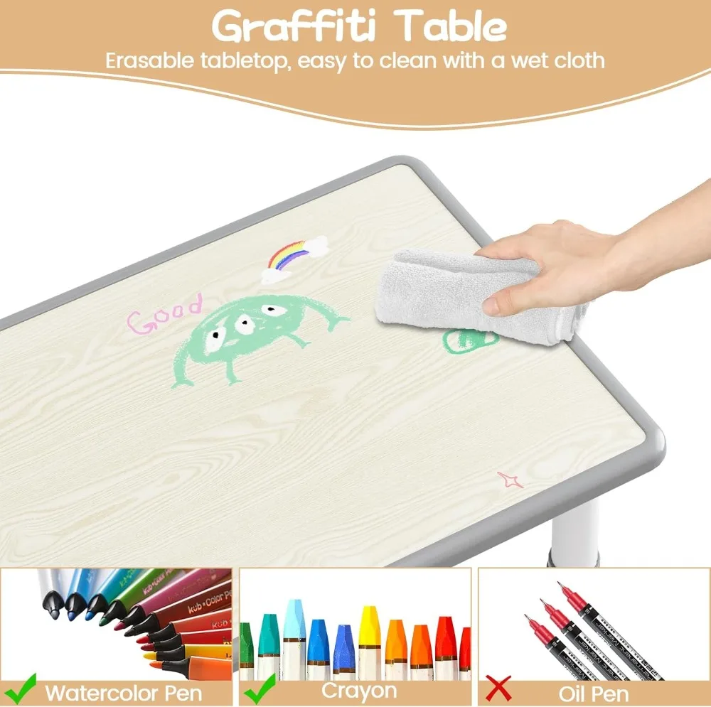 Kids' Graffiti Deskto Table and Chair Set, pernas antiderrapantes, atividade infantil, creche, sala de aula, casa, idades 2-10