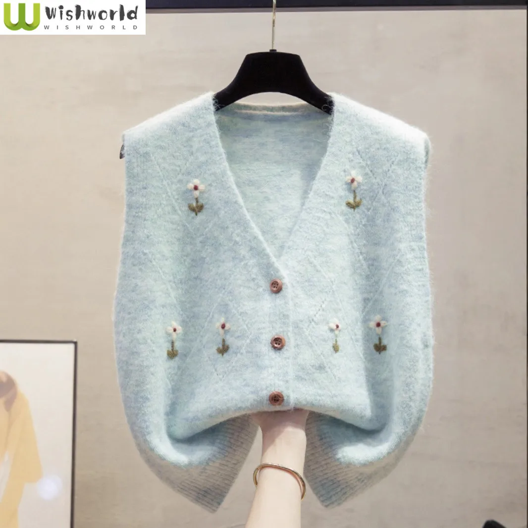 

Embroidered Cardigan V-neck Knitted Vest Women's 2025 Autumn and Winter New Korean Version Loose Women's Top