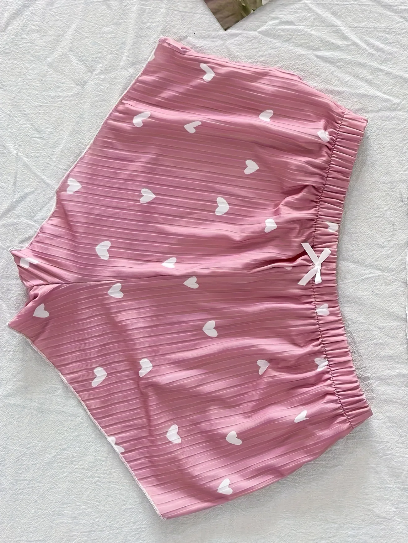 Women Heart Print Ribbed Pajama Set Bow Decor Crop Cami Top and Elastic Shorts Summer Sleepwear Lounge Set 4 Women Heart Print Ribbed Pajama Set Bow Decor Crop Cami Top and Elastic Shorts Summer Sleepwear Lounge Set 4