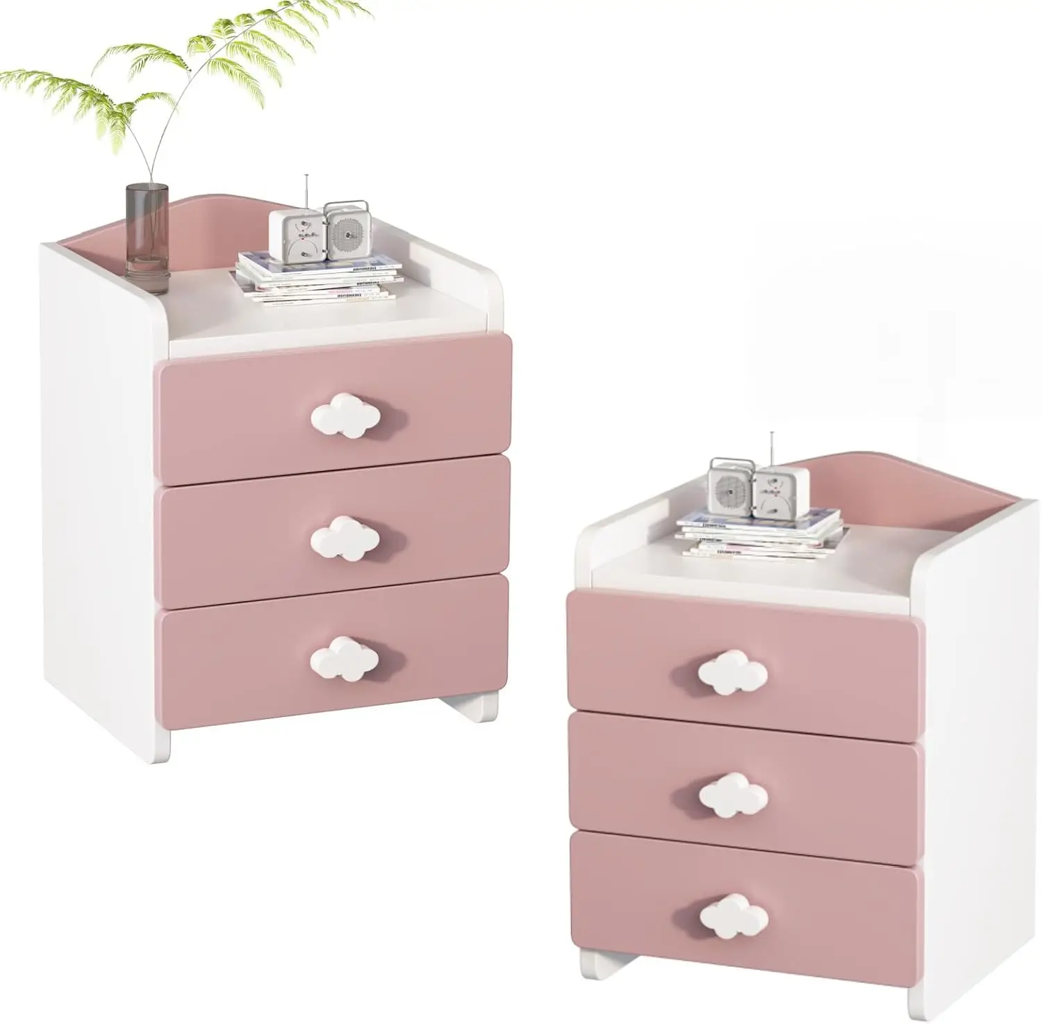 2 Pink Nightstand with 3 Drawers, Storage for Kids Girls Bedside Table, Small Checkered Dresser for Bedroom