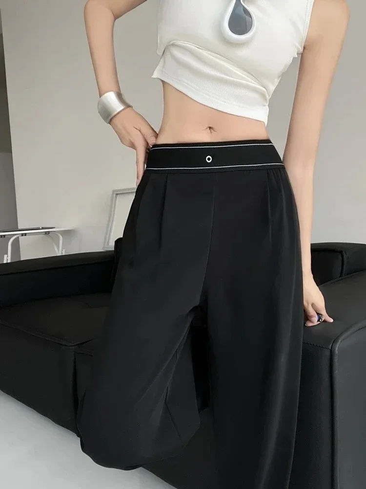 ハイウエストストレートパンツ女性アメリカンスタイルストリートウェア黒ワイドレッグパンツ女性レジャールーズ弾性ウエストパンツ