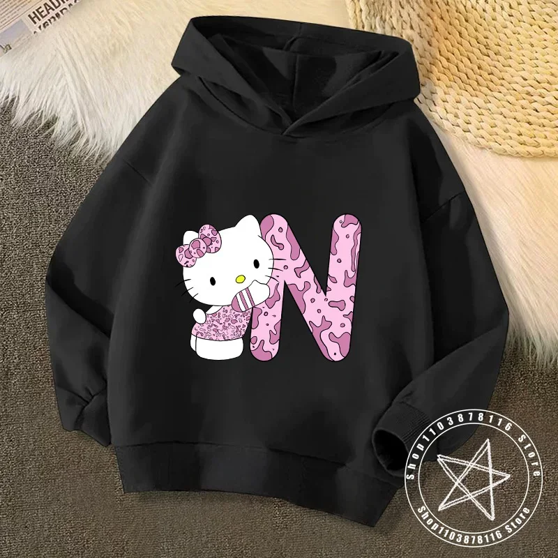 Hello Kitty kawaii Pullover Anime Cartoons Boy KidsChildren Hoodies Pink Letter A B C D Sweatshirts Girls Clothes Casual Tops