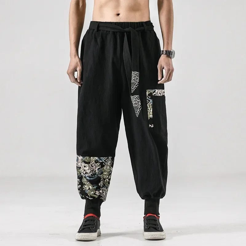 Japanese kimono Men Cotton Linen Samurai Costume Ukiyo-e Print Belt Retro Harem Pants Haori Baggy Trousers Harajuku Hip Hop