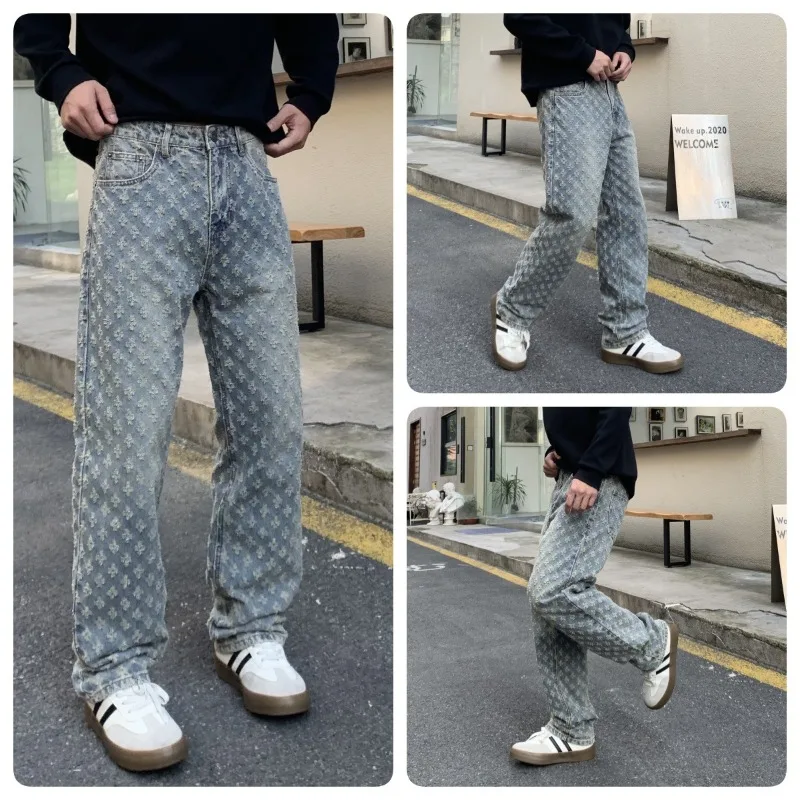 Pantalones Casuales de Hombre, Diseño Jacquard con Estampado Completo, Alta Calidad, Marca Americana, Estilo Vintage, Corte Recto y Amplio
