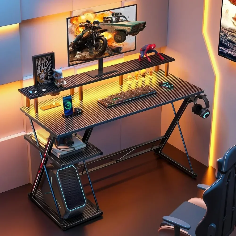 Gaming Desk with LED Lights & Power Outlets, 39