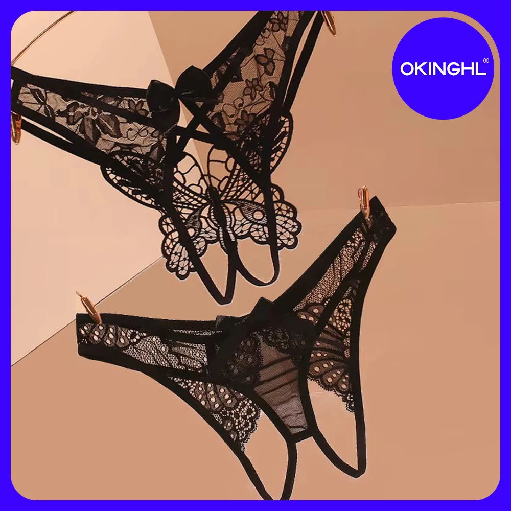 

Two mixed-style butterfly-pattern women's sexy lace lingerie panties, low-rise thongs with exposed crotch.