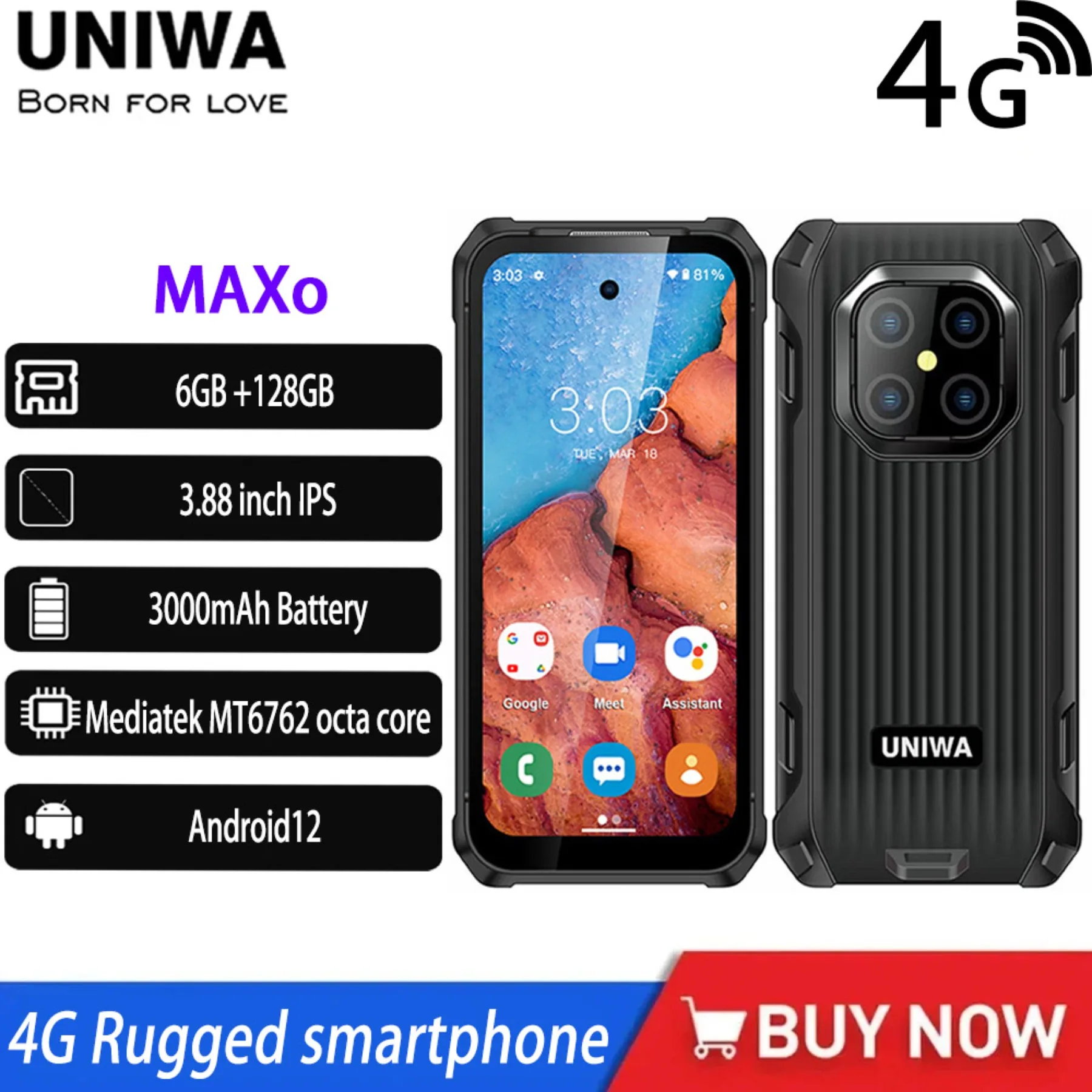 

НОВЫЙ прочный смартфон UNIWA MAXO IP68, 3,88 дюйма, маленький IPS-экран, мини-водонепроницаемый аккумулятор Mediatek MT6762, восьмиядерный аккумулятор Android12, 3000 мАч