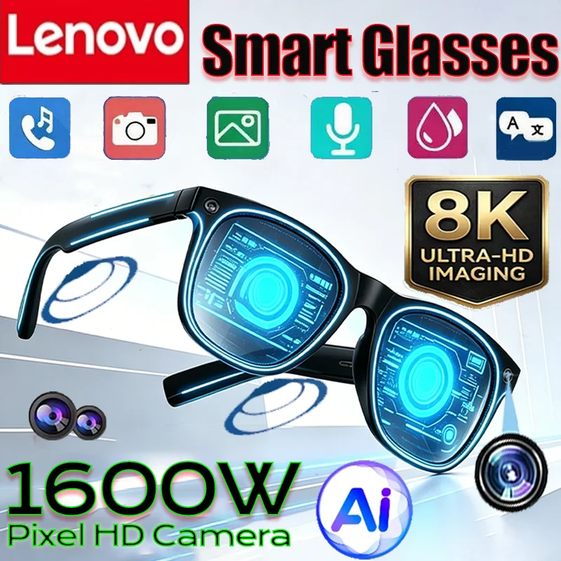 Lunettes intelligentes Lenovo AI, lecteur de musique multifonctionnel, caméra 8K, appel Bluetooth, traduction vocale, assistant vocal, lunettes photochromiques