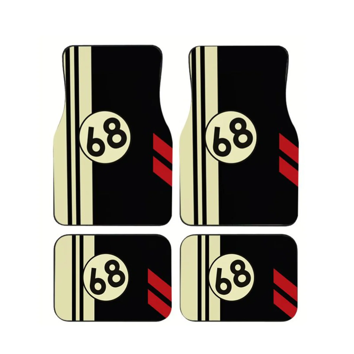 

4pcs Black Beige Retro Race Stripes Floor Mats Universal Fit Anti-Slip Waterproof Auto Foot Carpets Set Design Car Accessories