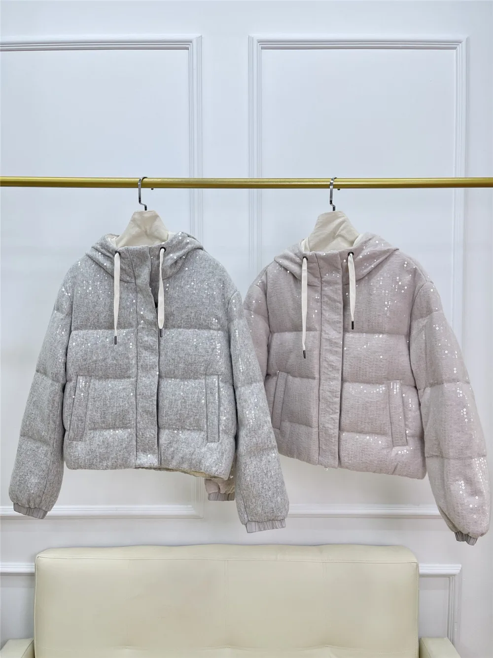 Heavy Beaded Sequined Hooded Goose Down Coat Women Zipper Drawstring Thick Warm Down Jacket  Autumn Winter New