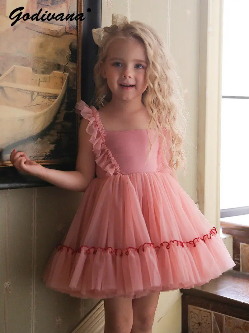 Baby Girls Sweet Lolita Princess Tutu Suspender Dress Childrens Cute Feifei Sleeve Lace Ruffle Trim High Waist Mesh Cake Dress