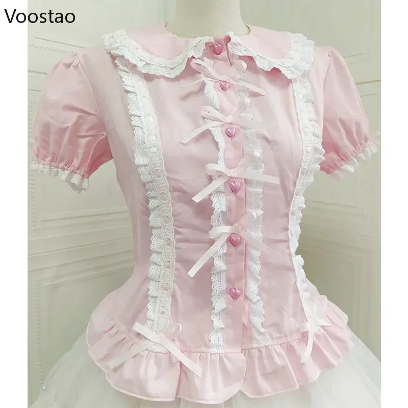 Lolita Shirt Women Preppy Style Bow Slim Blouses Cute Peter Pan Collar Lace Ruffles JK Shirts Girl Puff Sleeve Blouses Women Top