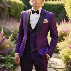 Black Lapel Purple Formal Business Men Suit Groom Groomsman Wedding Party Prom Male Tuxedos 3 Piece Set Blazer Vest Pants