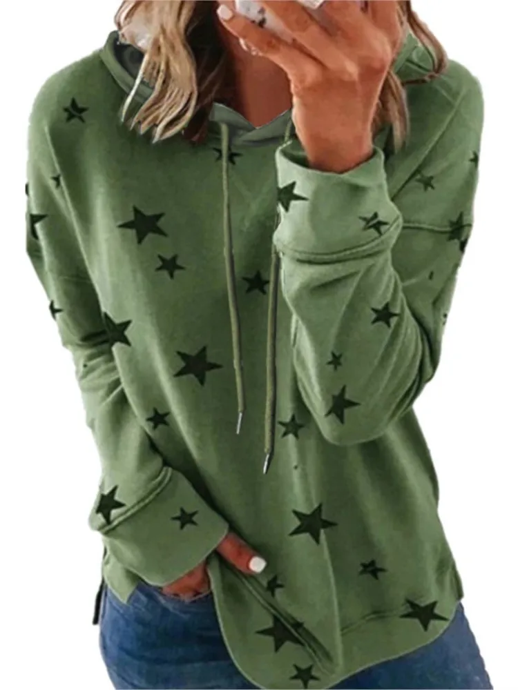 

2025 New Women's Hoodie Star Print Loose Casual Verstatile Fashion Simple Tops Autumn Winter O- Neck Casual Streetwear Females