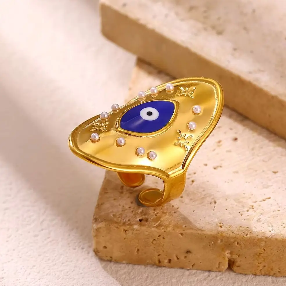 Punk Blue Evil Eye Signet Rings for Women Stainless Steel Oval Star Imitation Pearl Wide Ring Amulet Protection Jewelry