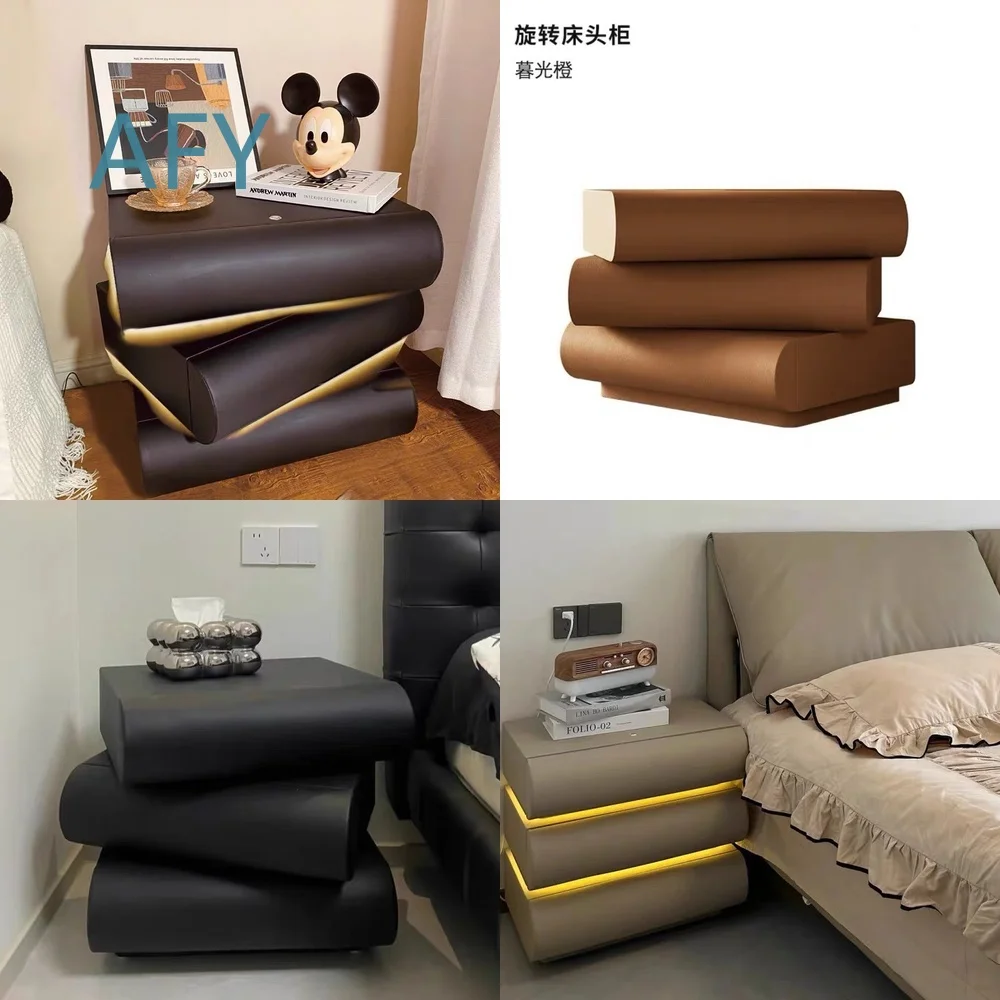 Rotatable Smart Bedside Table for Modern Bedroom Decor All Solid Wood Cream Leather Art Storage Cabinet for Small Spaces