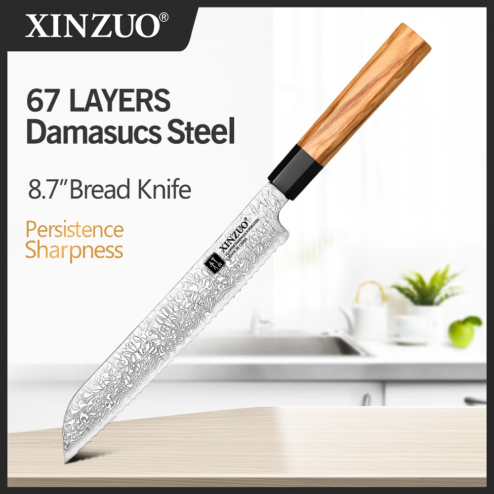 XINZUO 8.7'' Inch Serrated Knife 67 Layer Damascus Steel VG10 Steel Core Cheese Toast Knife Stainless Steel Slicing Chef Cutter