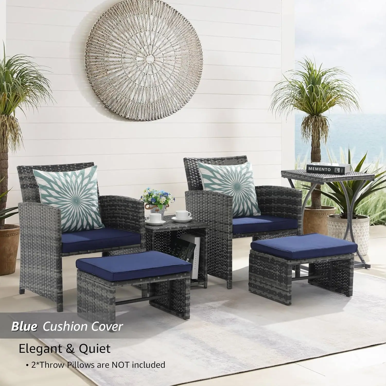 6 Piece Patio Furniture Conversation Set with Ottoman, Outdoor Grey Wicker Chair and Table Set, Balcony Furniture for Apartments