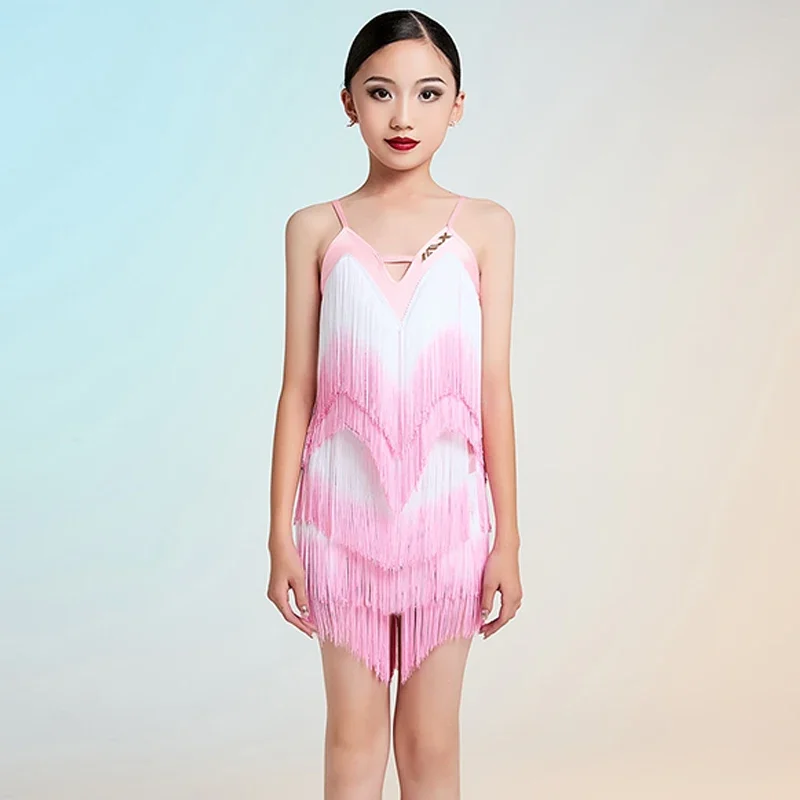

Childrens Latin Dance Dress Girls Pink Gradient Tassels Dress Dancing Performance Clothing Tango Samba Practice Dresses