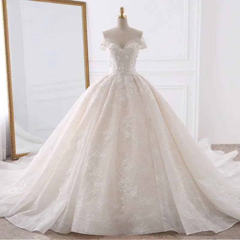 

Custom 2026 Woman Elegant Off Shoulder Ball Gown Wedding Dress Luxury 3D Flower Lace Bridal Gown Plus Size Vestido De Novia