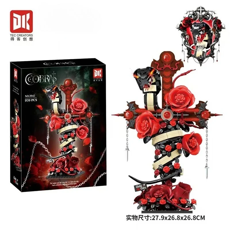 970PCS Gothic Rose Cross Building Blocks Snake & Red Rose Ornament Assemble Bricks Model Decorative Toy Gift For Adult