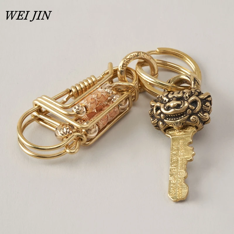 Handmade Brass Keychains 3 Wire Car Key Ring, Engraved Fluorescent Round Bead, Hook Buckle Mechanical Style Men Gift Trinket