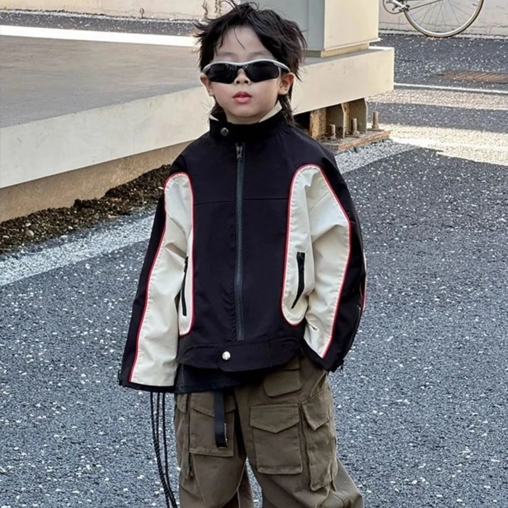 Autumn Boys Windbreaker Jacket Short Color Block Cool Street Style Kids Outdoor Coat Fashion Casual Zip-Up Outerwear for Boys