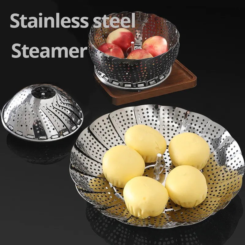 Multifunctional Stainless Steel Steamer Plate Silver Retractable Folding Steaming Food Steamer Vegetable Fruit Basket