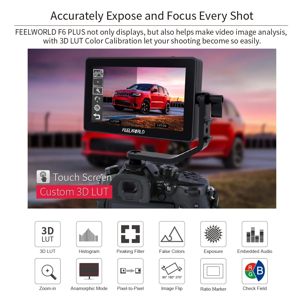 FEELWORLD F6 PLUS V2 6 Zoll auf Kamera-Feldmonitor 3D LUT Touchscreen 4K IPS FHD 1920 x 1080 Video-Fokus-Assistent