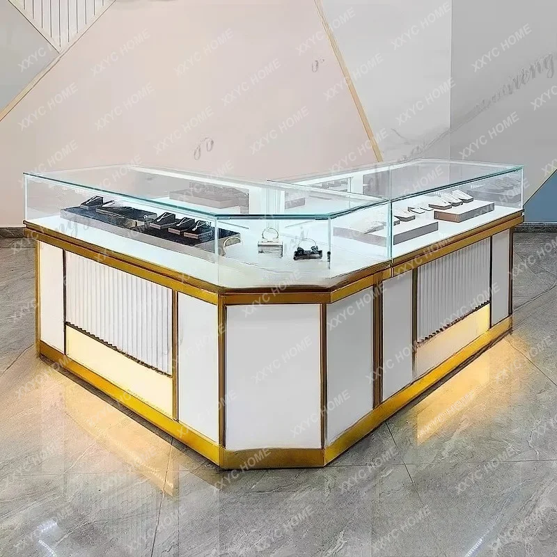 Luxury Jewelry Display Cabinet Accessories Jade Gold Store Painted Wood Glass Showcase