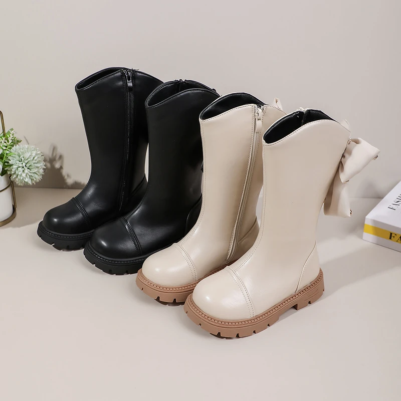 

Girls Leather Boots with Back Bowknots Kids High Boots Soild Color Versatile 2025 Autumn Winter Children Long Boots Soft Sole