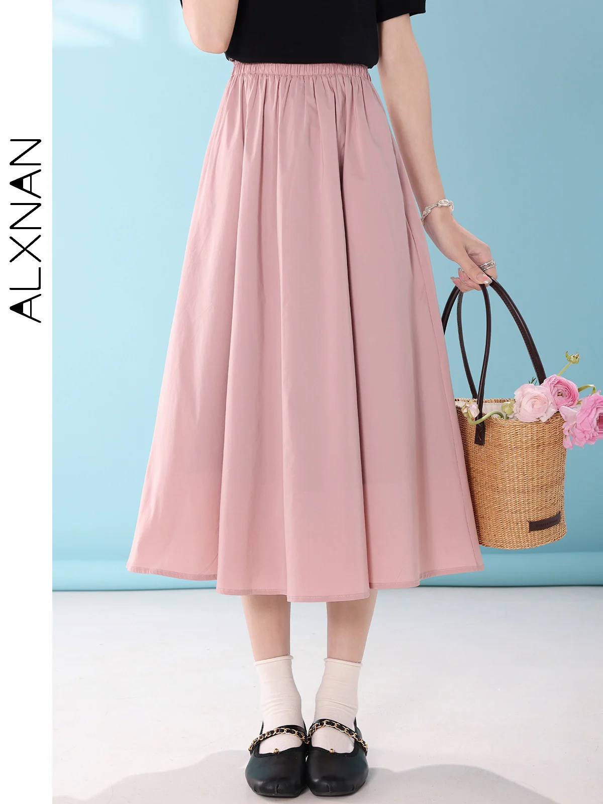 

ALXNAN Pink A-line Pleated Skirt for Women 2024 Summer New Solid Commuter Comfort Casual Midi Skirts Female Clothing LXN296109