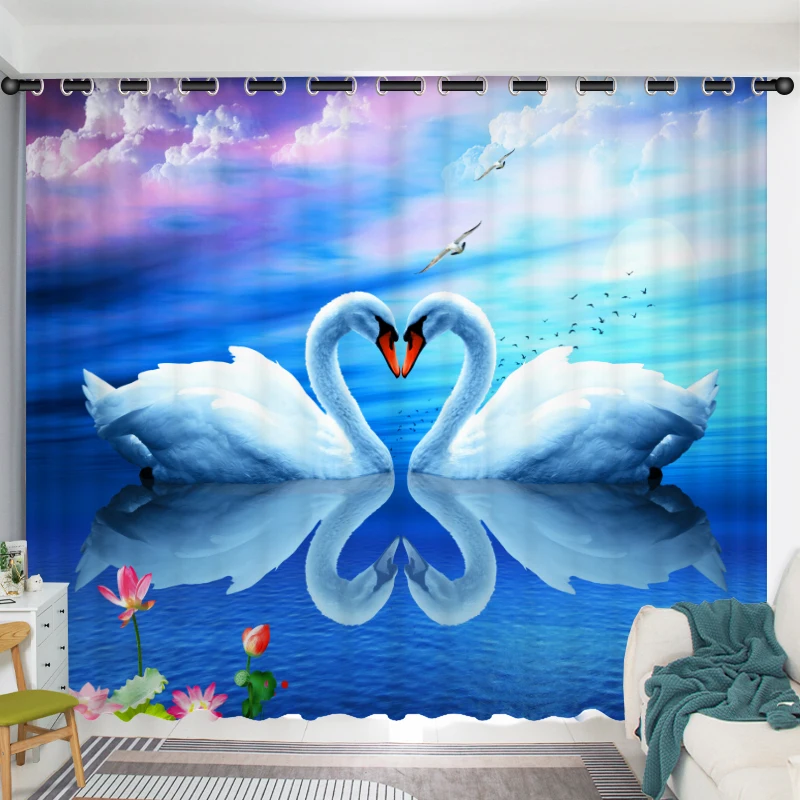 

2Panel Swan Lake Swan Curtain Custom Curtains Simple Modern Bedroom Living Room Window Semi-blackout Short Curtain Free Shipping