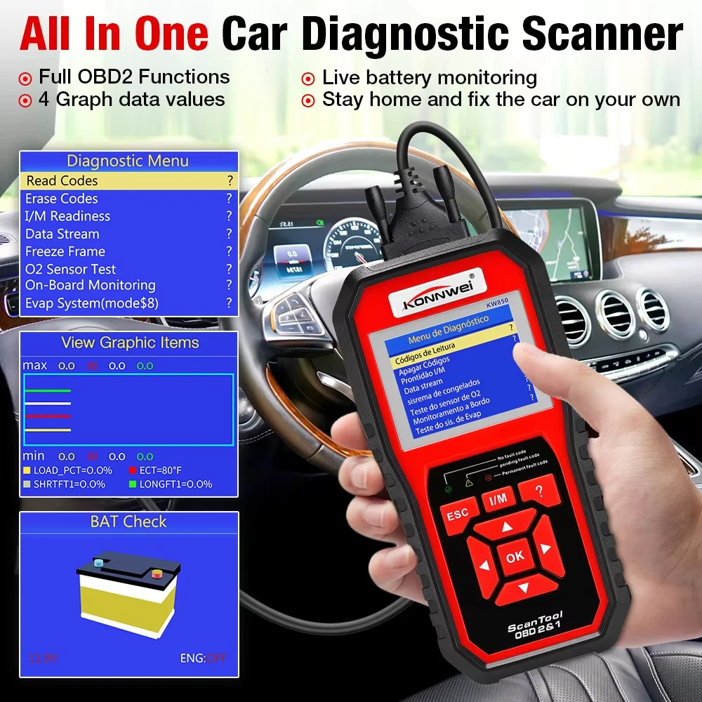 KONNWEI KW850 Car OBD2 Scanner Engine Fault Code Clear Battery Test Real-Time Data Full OBDII Diagnostic Scan Tool After 1996