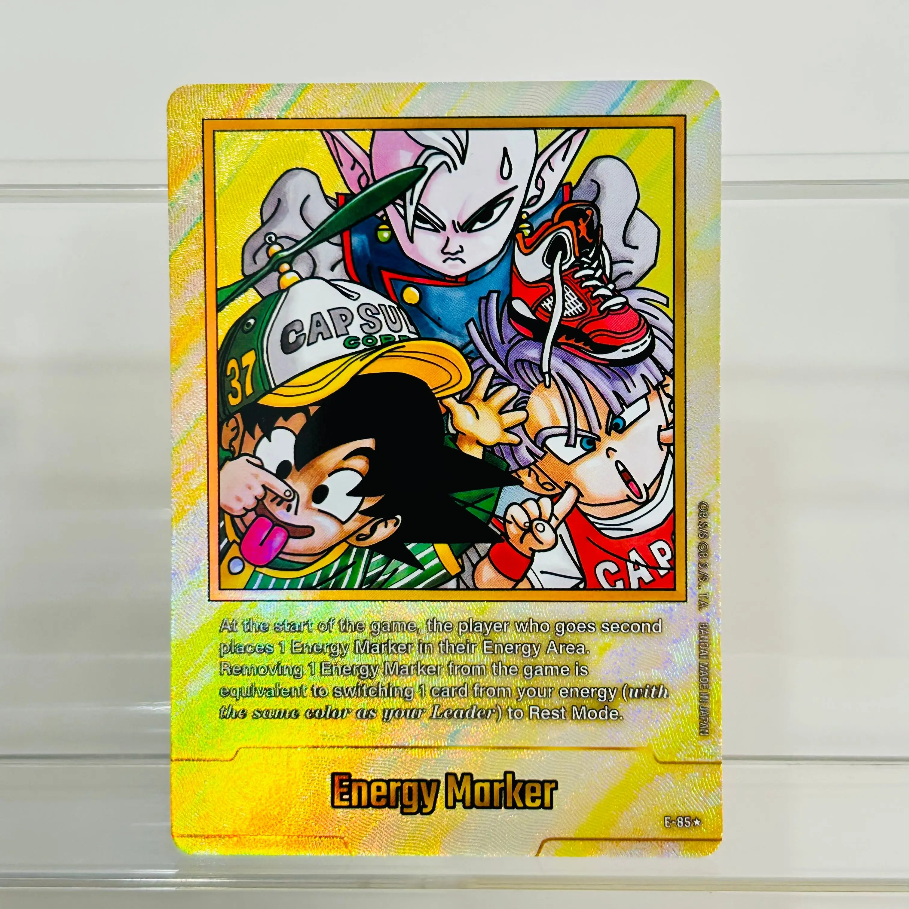 Carte de collection Dragon Ball E-85 Goku Trunks Supreme Kai DIY Energy Marker EN avec texture holographique dorée, collection d'anime premium