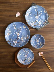 Ceramic Bowls Made In Japan Blue Sakura Printed Under Glazed Round 6.5 Inch 9.7inch Plates Resturant Home Kitchen Dinnerware