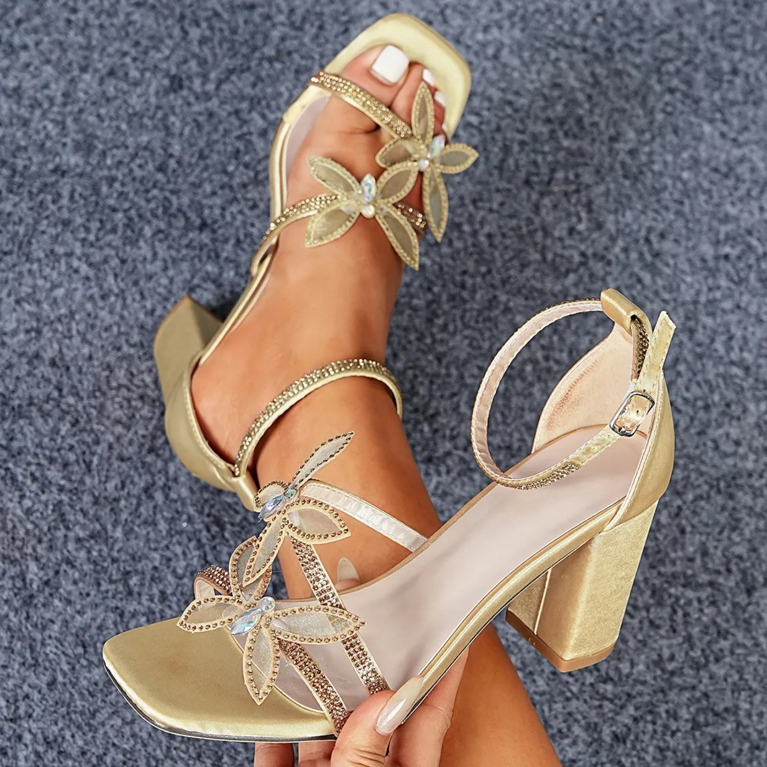 Square Toe Rhinestone Cross Strap Block Heel Sandals, Ankle Buckle Open Toe High Heels for Wedding Party Evening Dating Outfits
