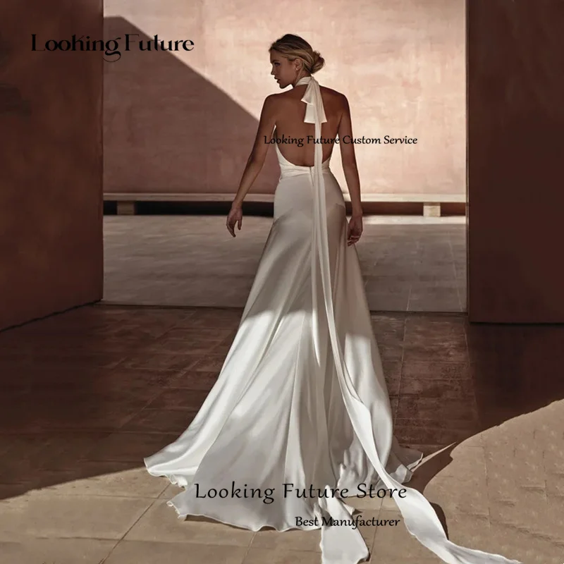 Robe de Mariée Longue en Satin Ivoire Style Boho, Sexy, Dos aux, en Fibre de Cou, pour Patients, Élégante, Traîne de Balayage, Plissée, Fermeture Éclair