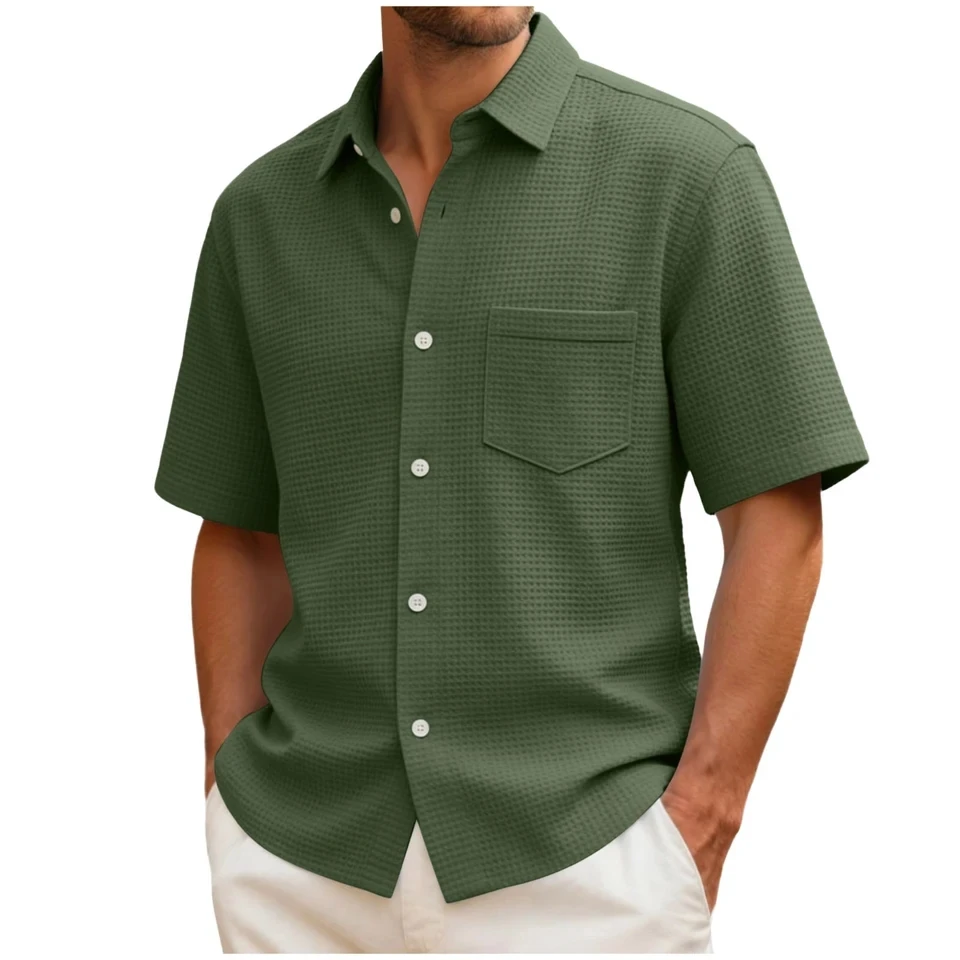 

Summer Short Sleeve Men's Shirt Solid Color Lapel Waffle Button Up Shirts Male Casual Holiday Beach Shirt Tops Mens Clothing