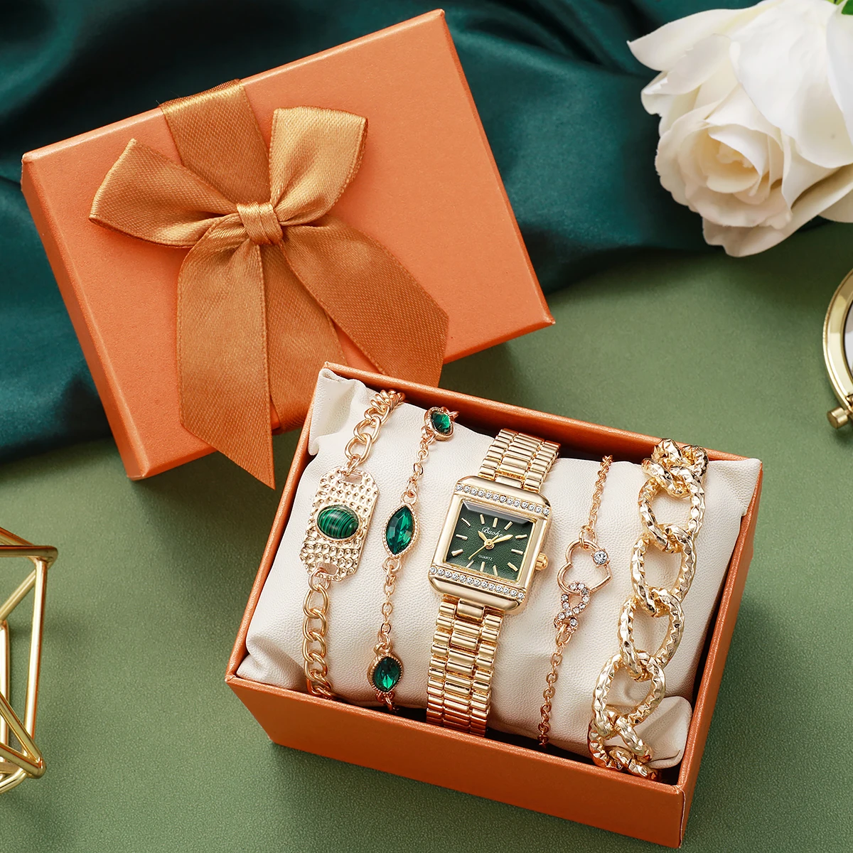 

Роскошный набор: золотые часы с зеленым циферблатом и украшения — квадратные часы, инкрустированные стразами, браслеты с малахитом и подвесками в форме сердца, элегантный винтажный стиль