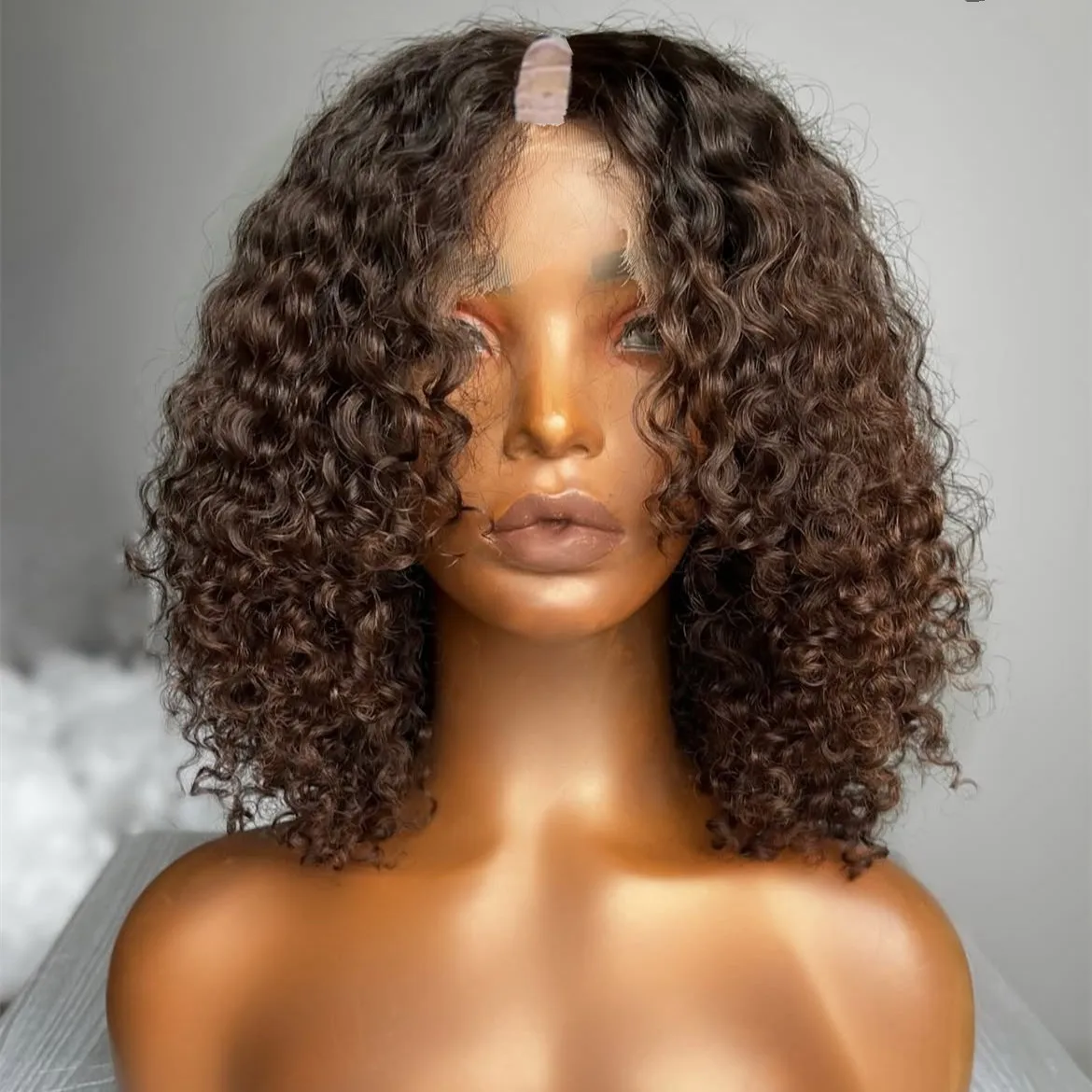 

Highlight Chestnut Brown Afro Kinky Curly V Part Wig 100% Human Hair Wigs Water Wave Ombre Chocolate Brown U Shape 250% Density