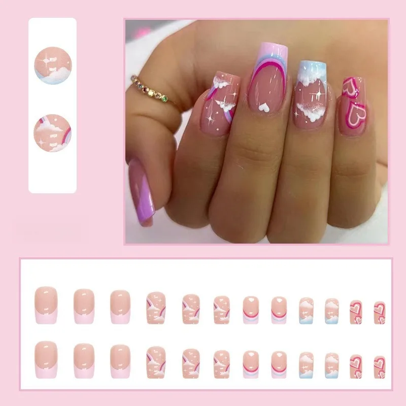 Nuvola Arcobaleno Stampa a forma di cuore su adesivo per nail art Set di unghie finte francesi Punte per unghie acriliche per San Valentino Unghie finte 24 pezzi